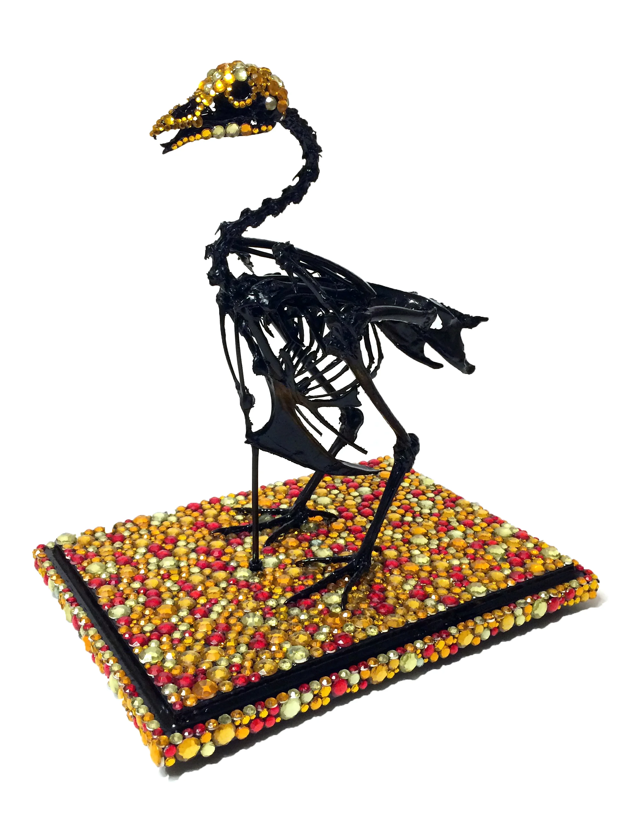 胡說 ("Poppycock") , 2016 Articulated rooster skeleton, acrylic rhinestones, paint, wooden base, acrylic vitrine 14 X 11 X 8 in View Artsy to purchase