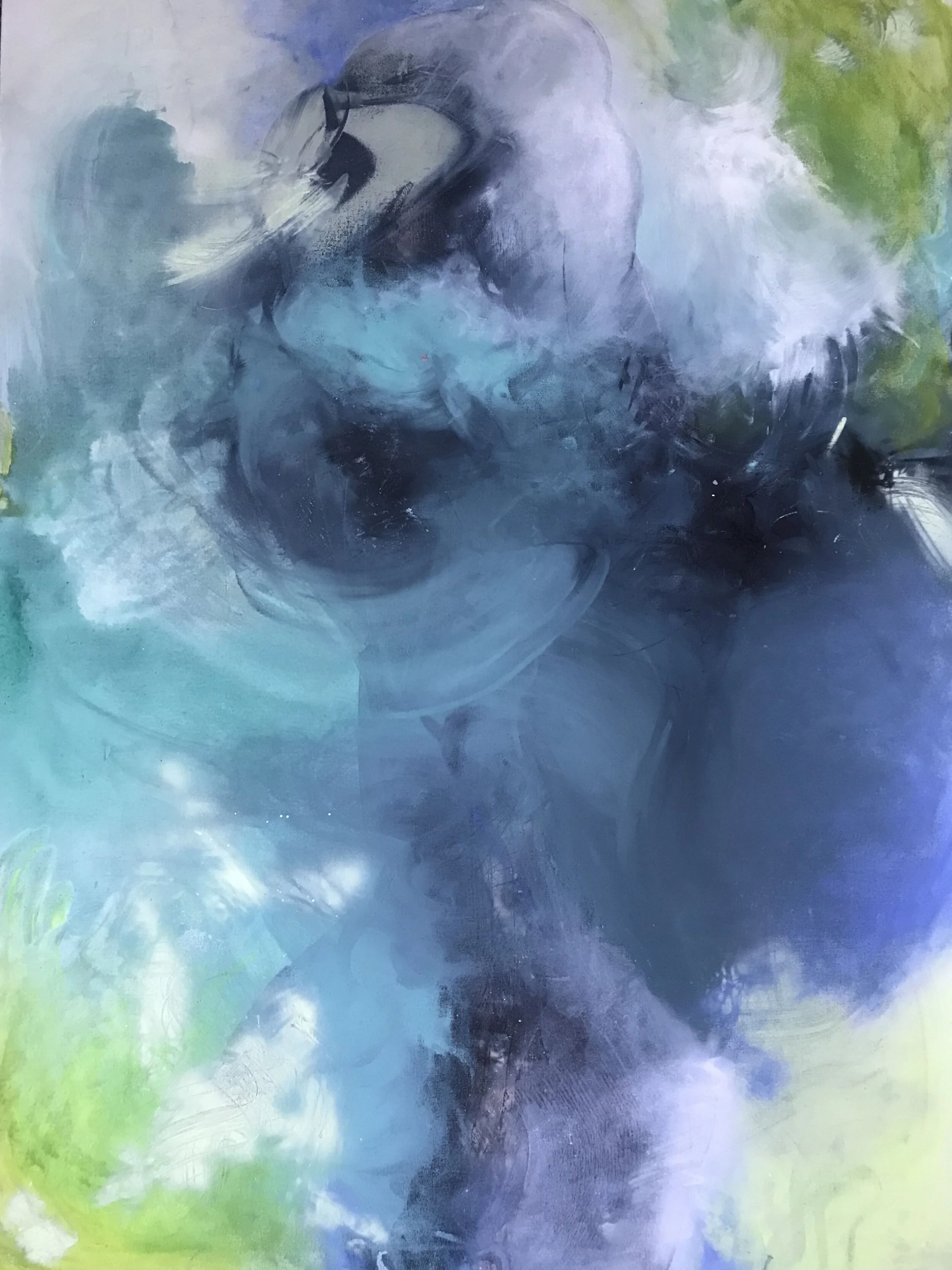   Caught , 2019, acrylic, watercolor, pastel on canvas, 48”x36” (sold) 