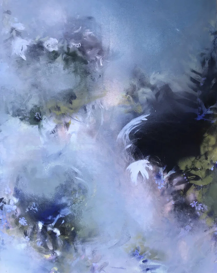   Recede , 2019, acrylic, ink, spray paint, pastel on canvas, 48”x36” (sold) 