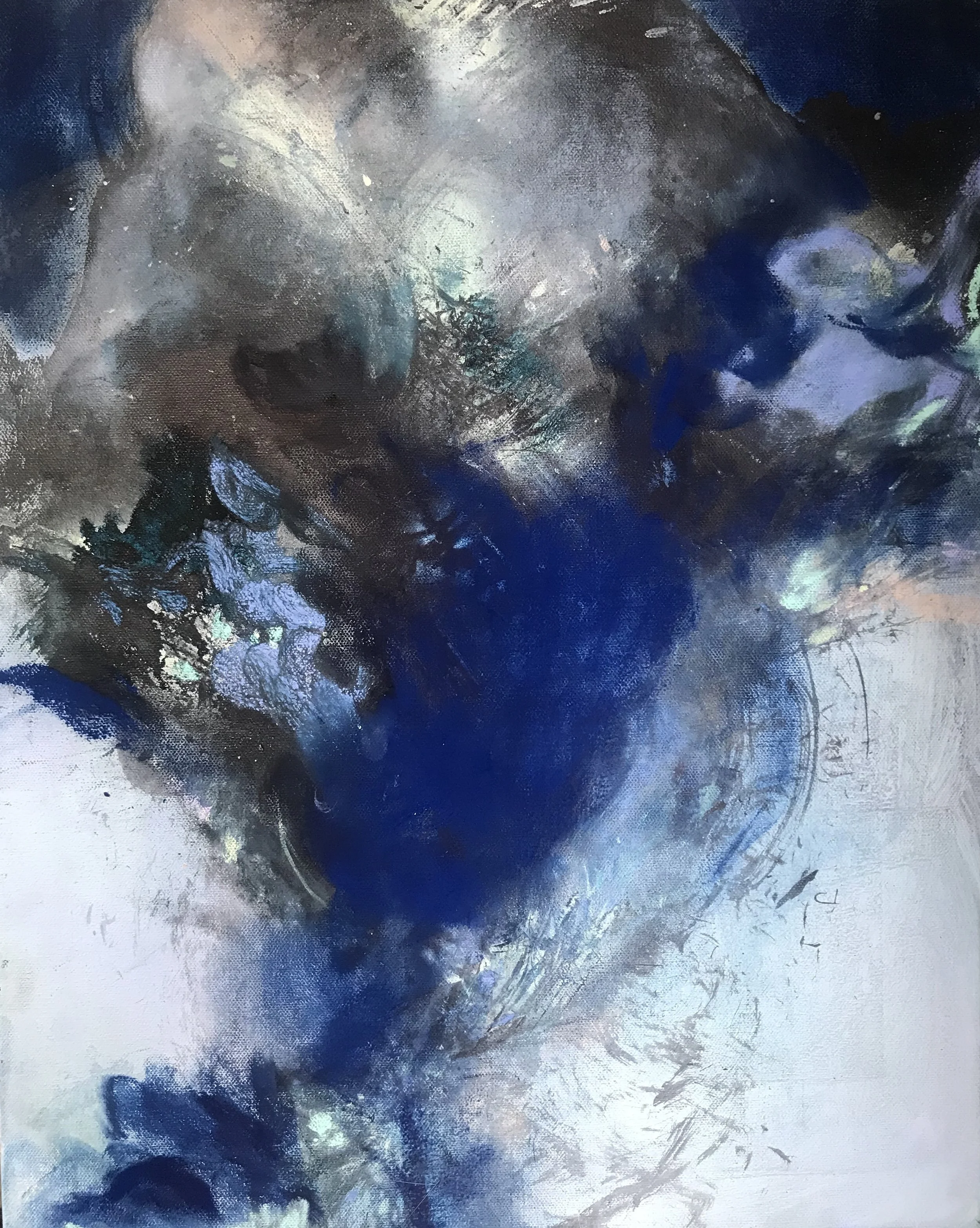   Going , 2019, acrylic, watercolor, ink, pastel on canvas, 20”x16” 