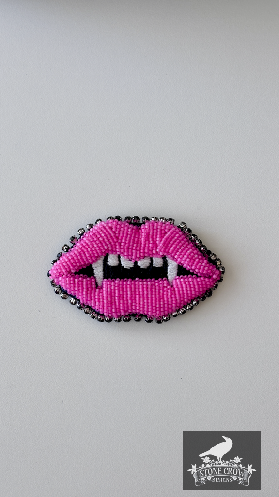 Hand Beaded Vampire Lips Brooch