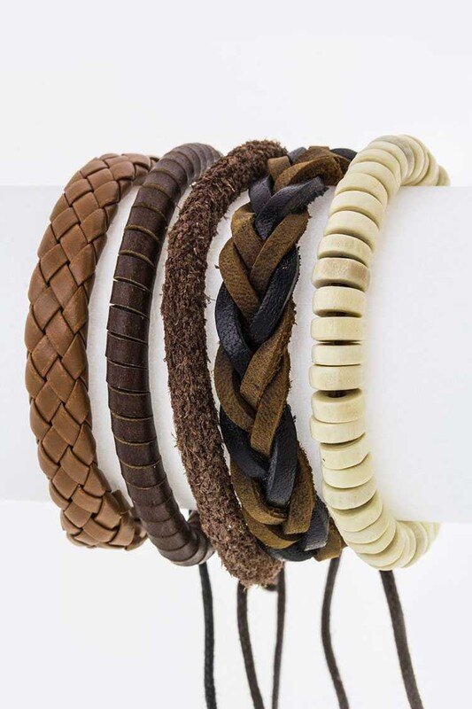 Wooden Beads & Mix Leather Bracelet Set