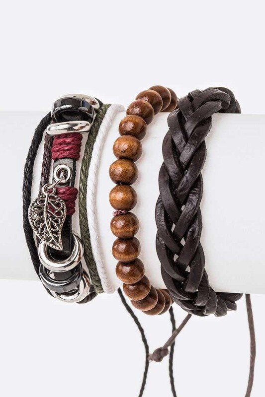 Leaf Charm Wooden Beads Mix Leather Bracelet Set