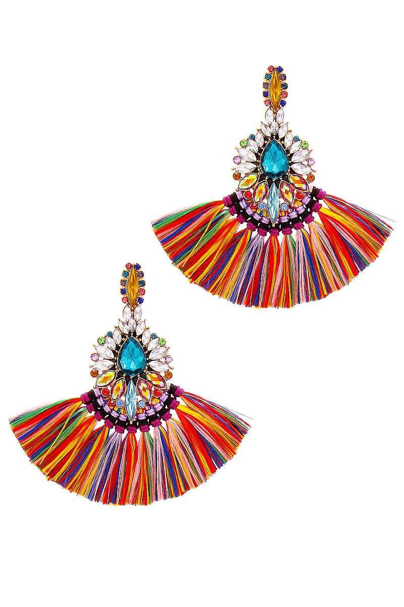 Chic Multi Rhinestone Fan Tassel Earrings
