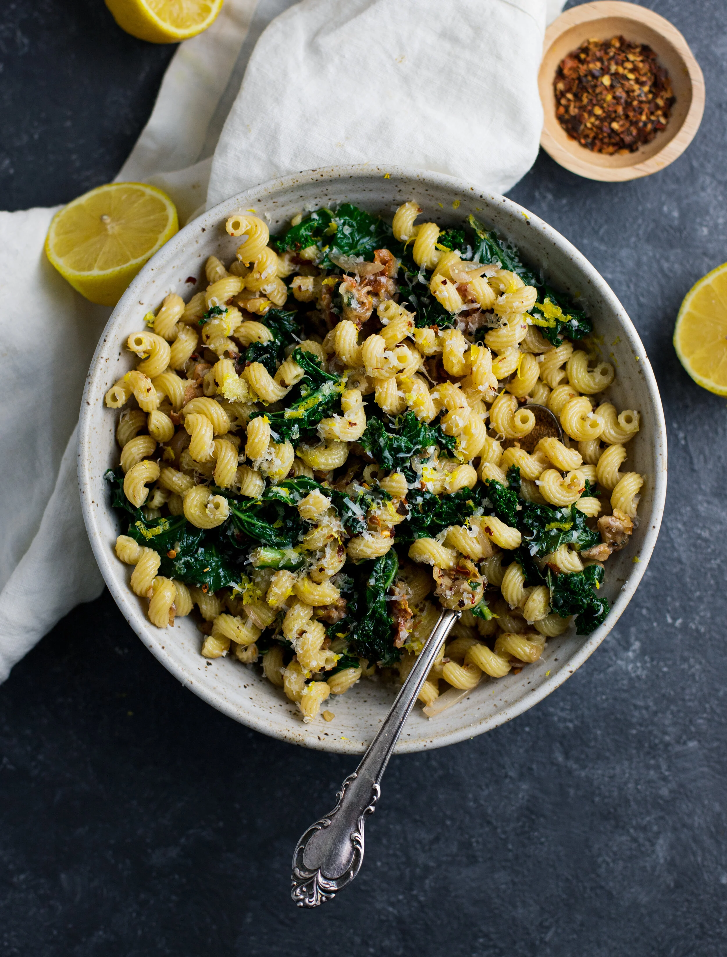Lemony Kale Pasta with Bacon &amp; Shallots