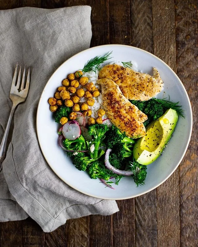 This bowl was GOOD. Sorry for yelling though. The base of the bowl is jasmine rice topped with pan seared chicken, crispy chickpeas, avocado, and broccoli salad (broccoli, radishes, red onions, feta, dill, olive oil, lemon juice). I added some Tzatzi