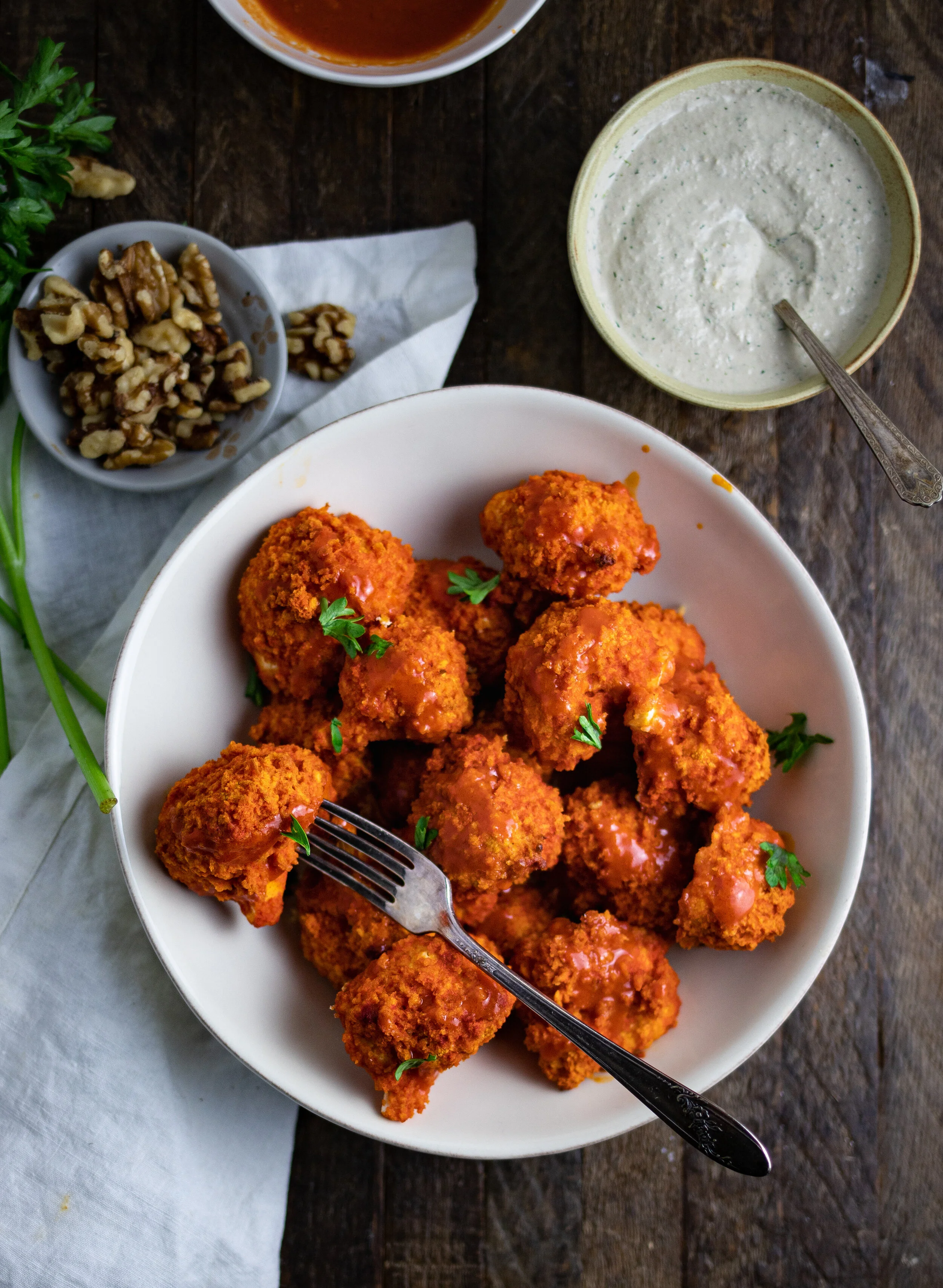 Buffalo Cauliflower Wings with Walnut Herb Dip