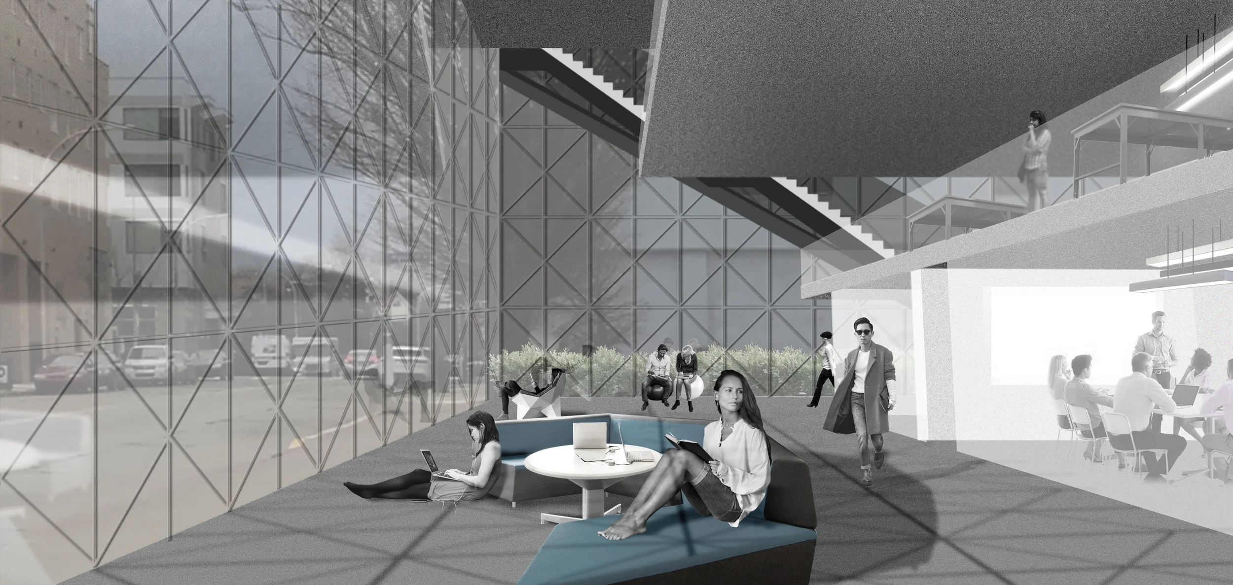 Incubator space with the cascading mezzanine office spaces and the shared lounge area for the office staff