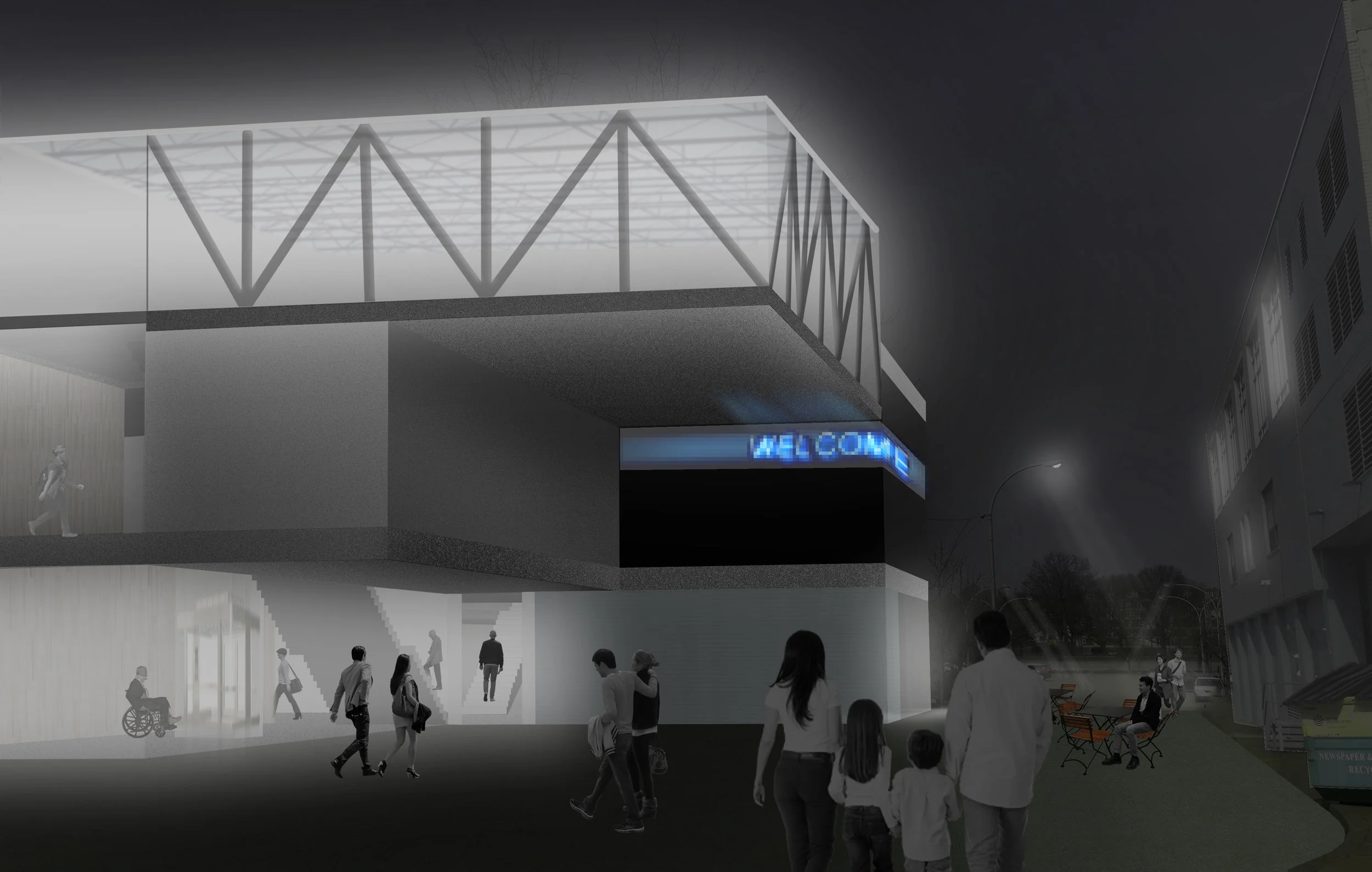 Exterior view of the centre at night with a reversed cascading effect for entrance #1