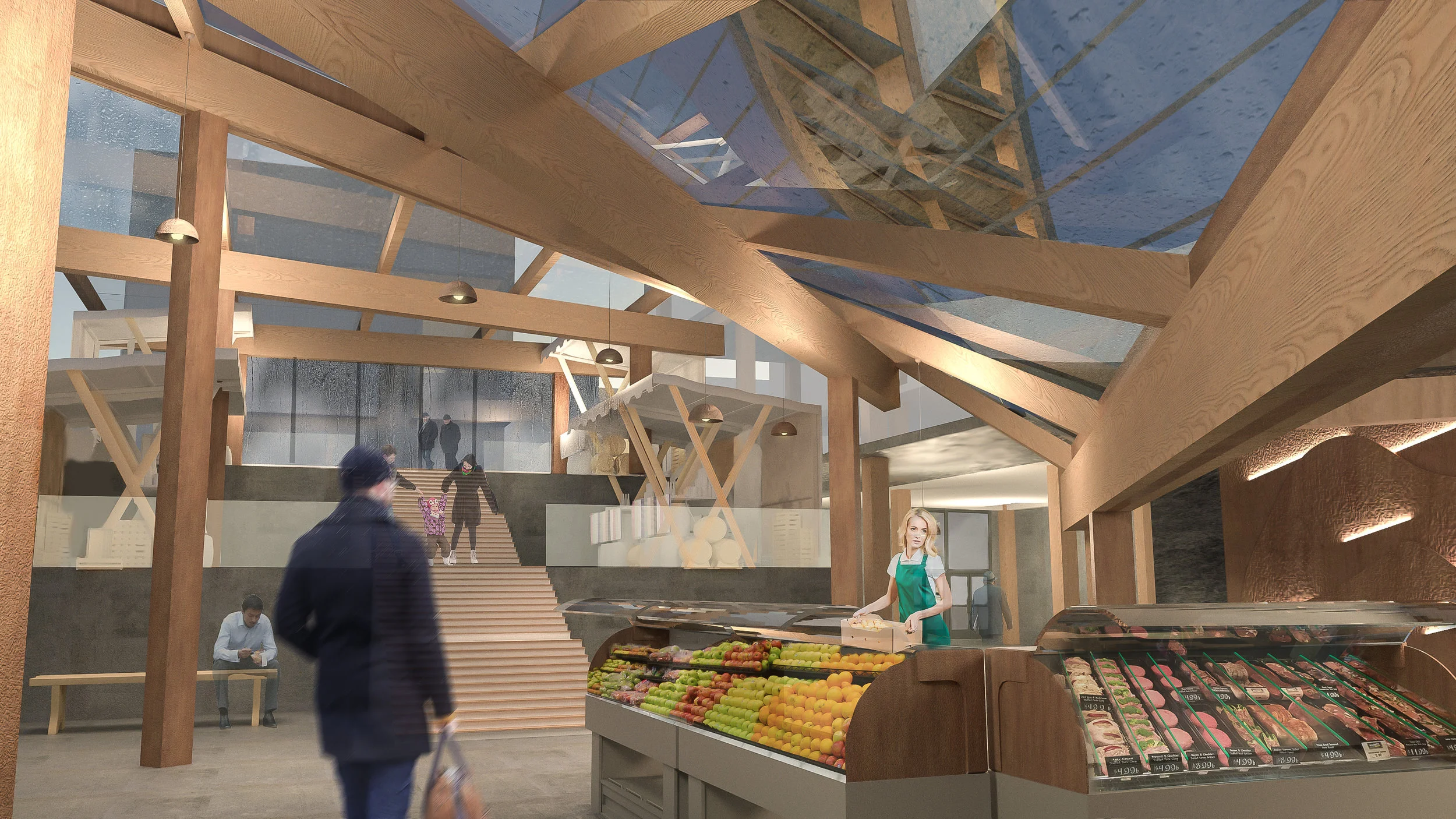 Render | Interior of the subgrade market Stairs from Saint Catherine St. that leads down to the market