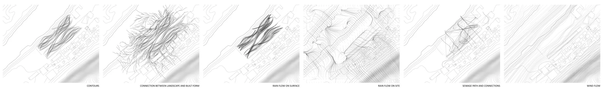 Extracted groups of linework From L to R: contours, connection between landscape and built form, rain flow on surface, rain flow on site, sewage path and connections, wind flow