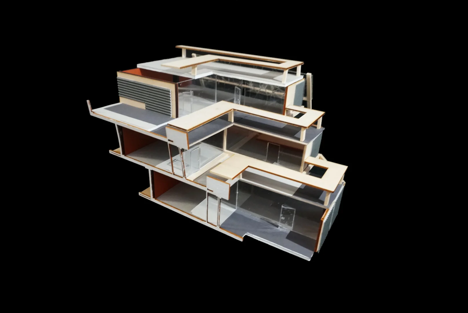 Model | Model of the re-designed apartment complex that shows stacking of three units and their exterior spaces