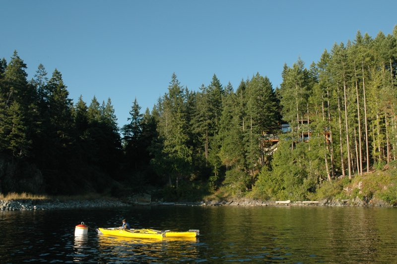 Mooring buoy with house above in the trees