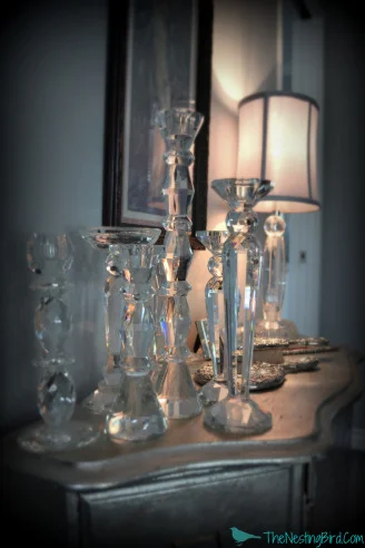 Crystal Candlesticks were the perfect dramatic accent for this glamorous bedroom!