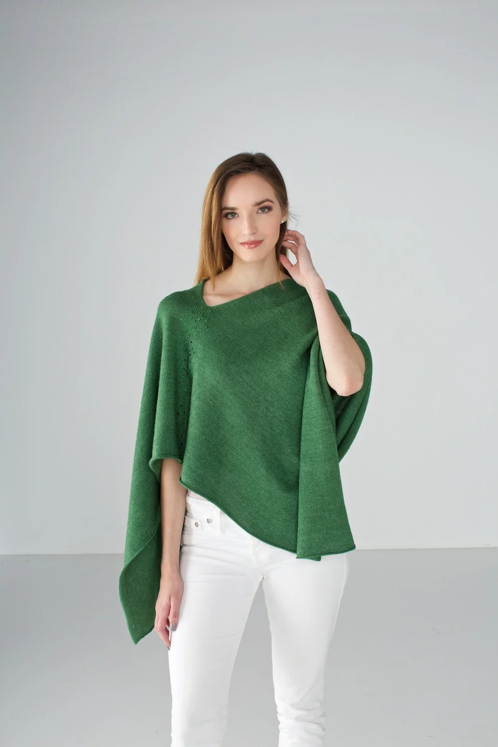 Basil green poncho with Swarovski crystal embellishment