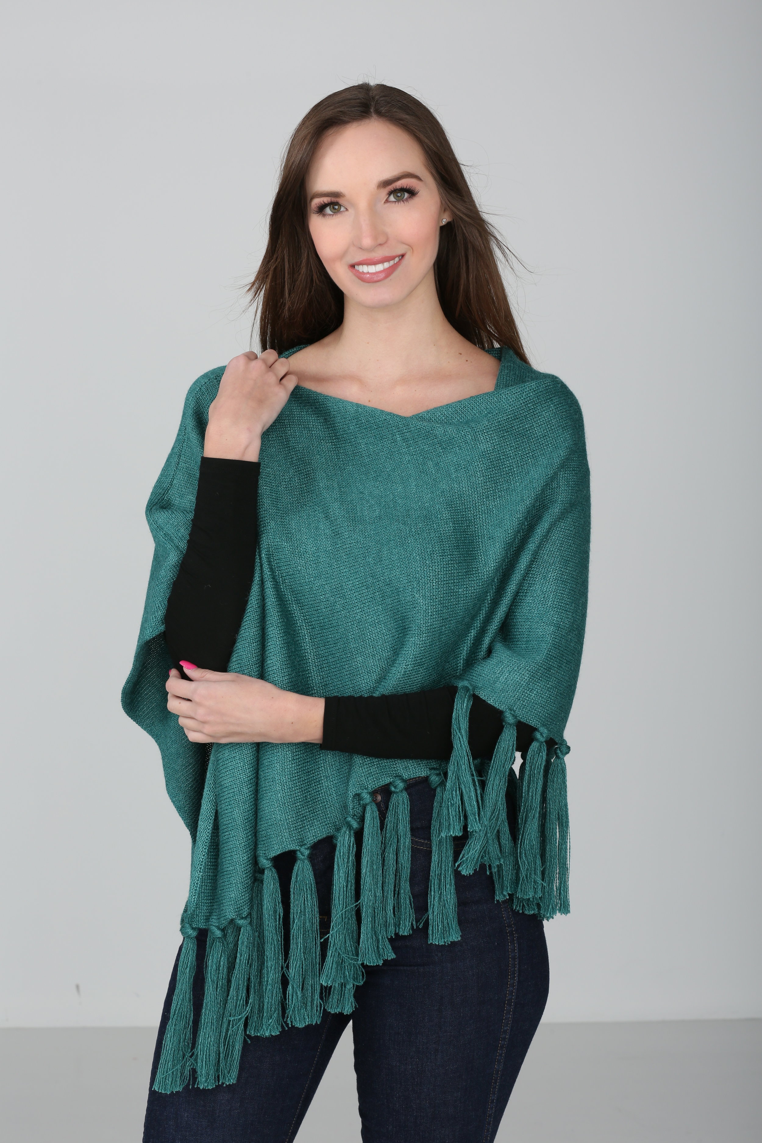 Peacock Green Poncho with Yarn Fringe