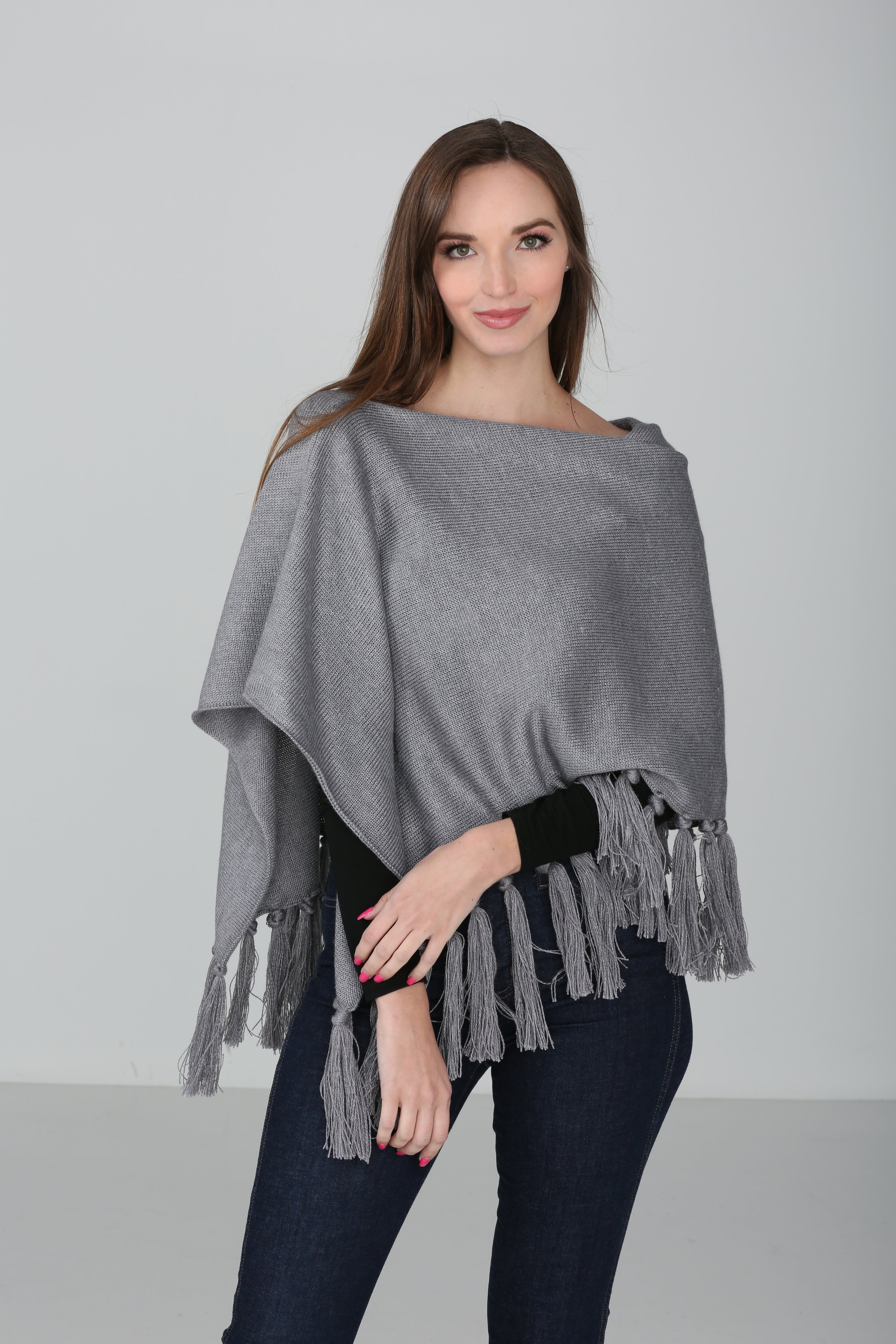 Grey Poncho with Yarn Fringe