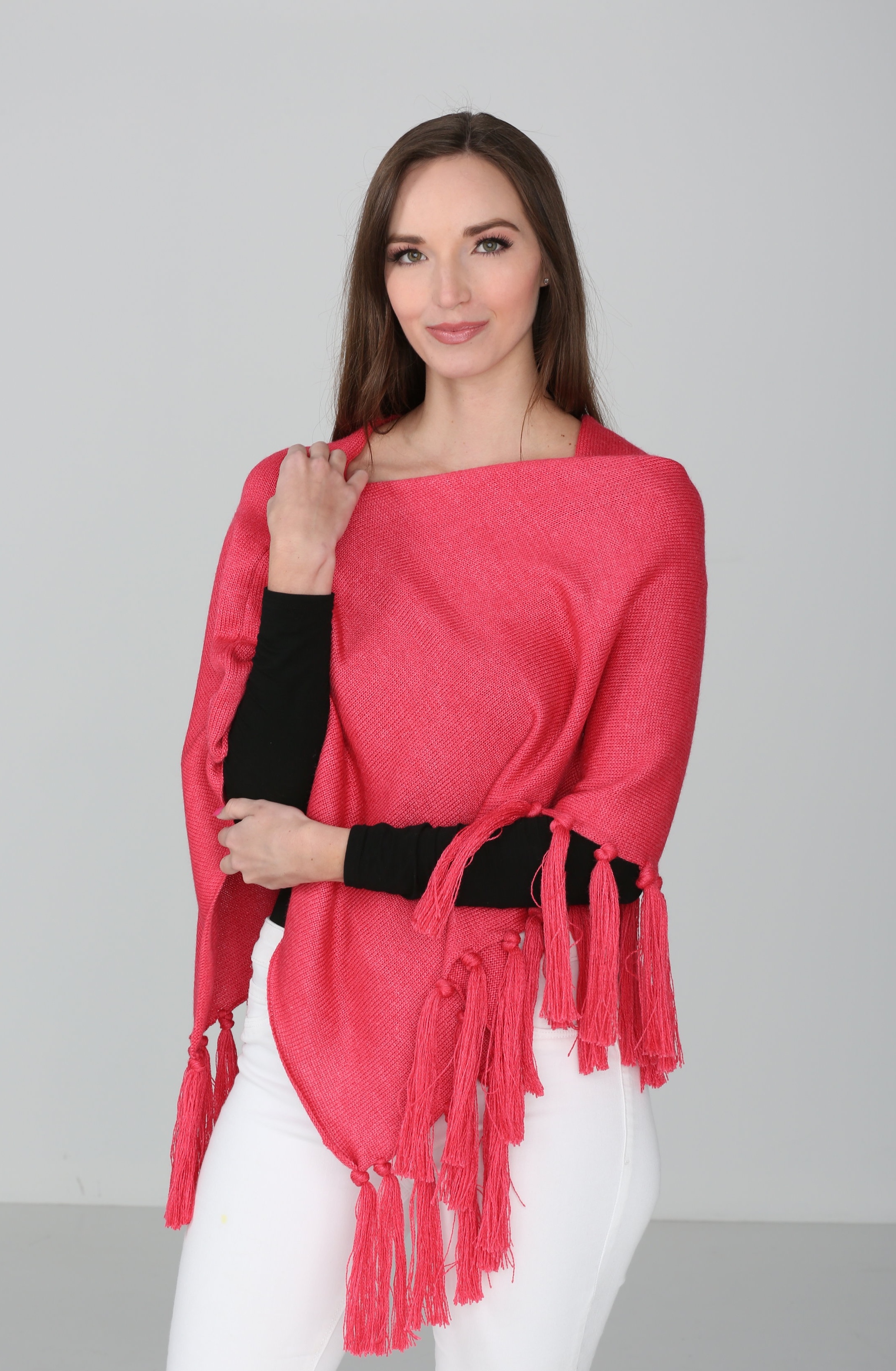 Deep Coral Poncho with Yarn Fringe