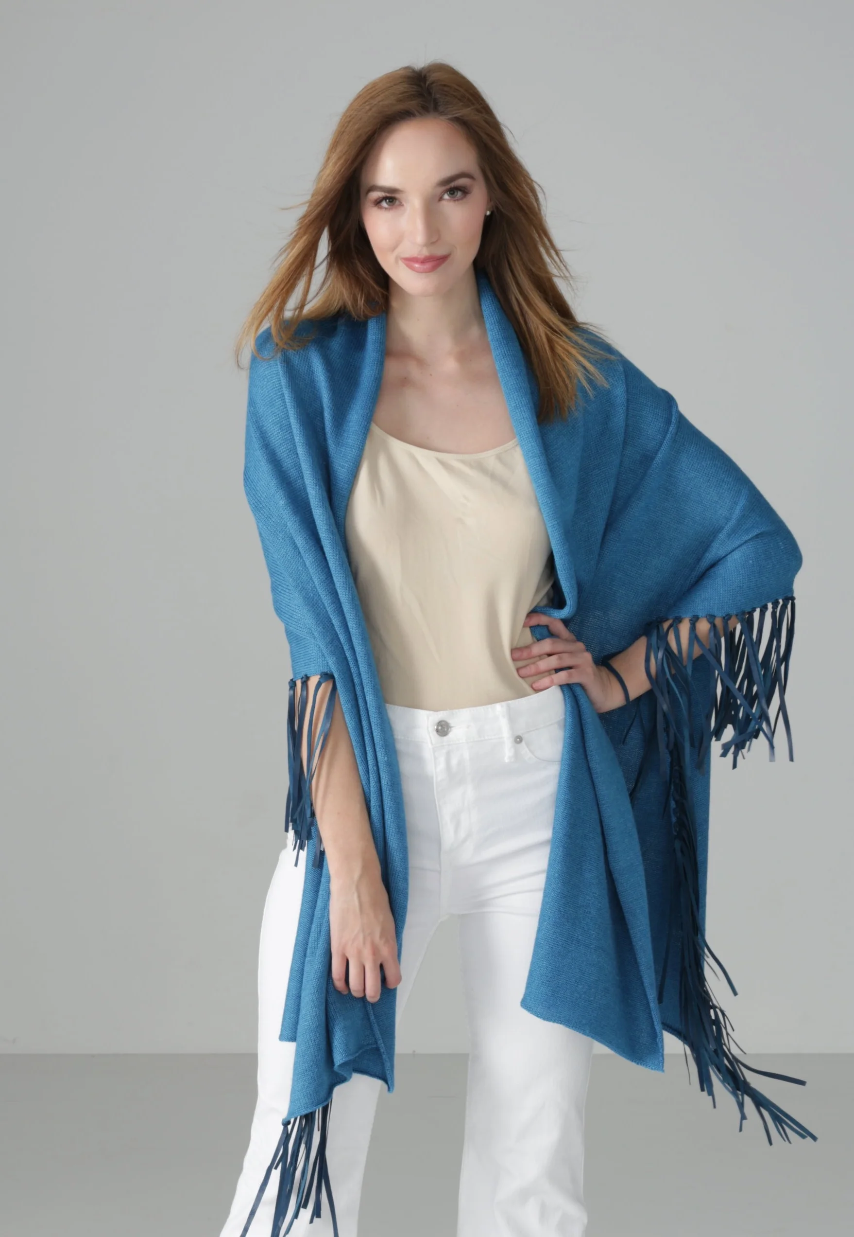 Marine Blue Wrap with Leather Fringe