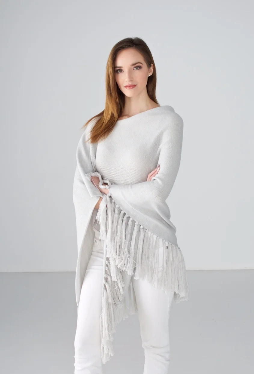 Dove Grey Poncho with Yarn Fringe