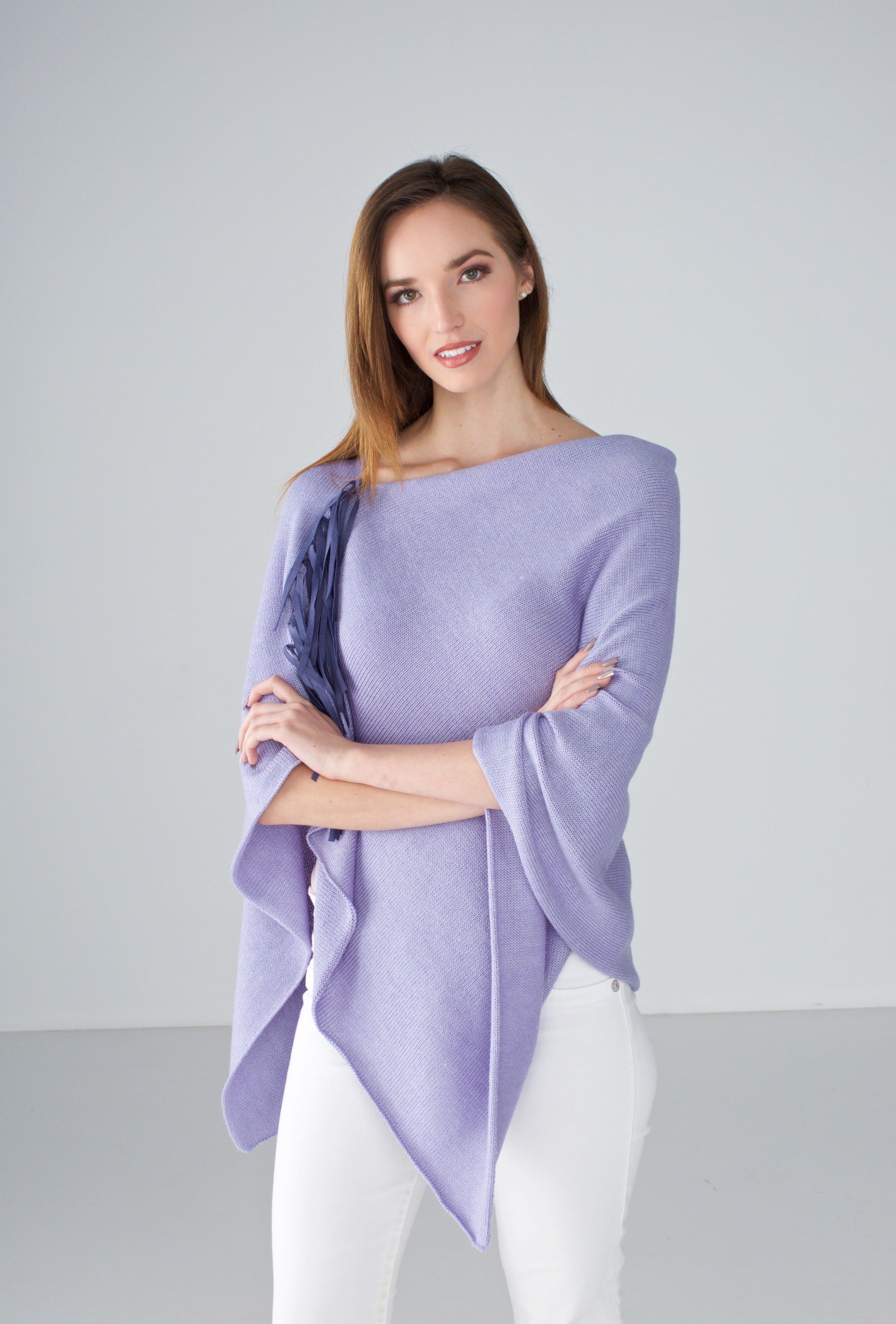 Fine knit cotton poncho in rich lilac