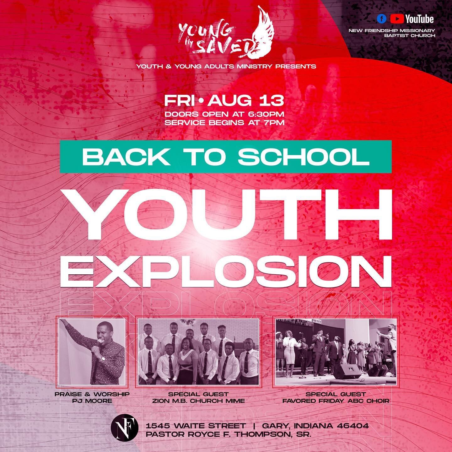 Mark your calendars for our youth explosion on Friday, August 13th 7pm!  It&rsquo;s going to be a great time in the Lord!! *Mask are required!