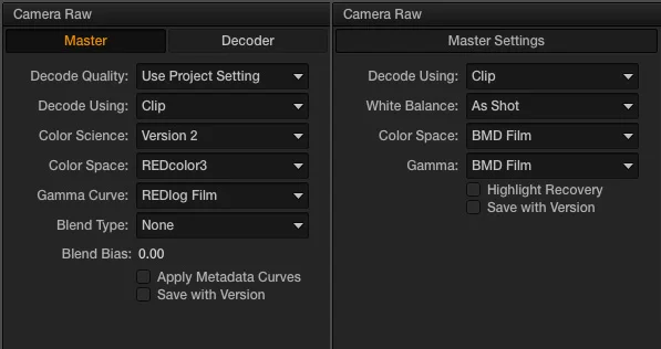 Red and BMCC Camera Raw Settings