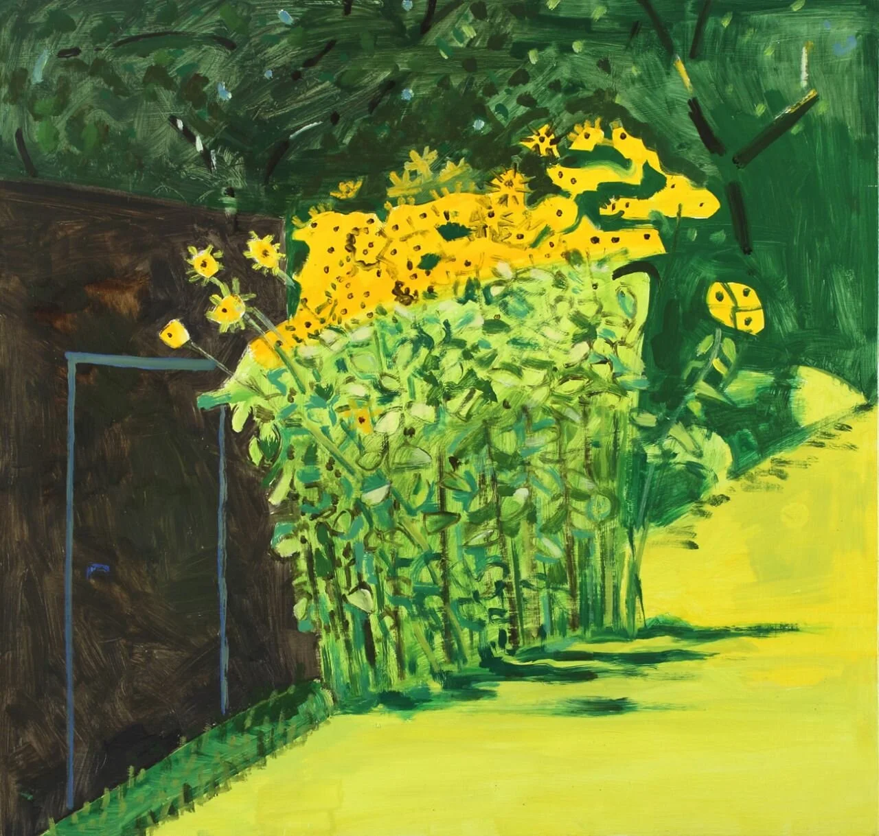 Lois Dodd, Jerusalem Artichokes, September, (detail), oil on masonite, 20x15 7/8in, 2015