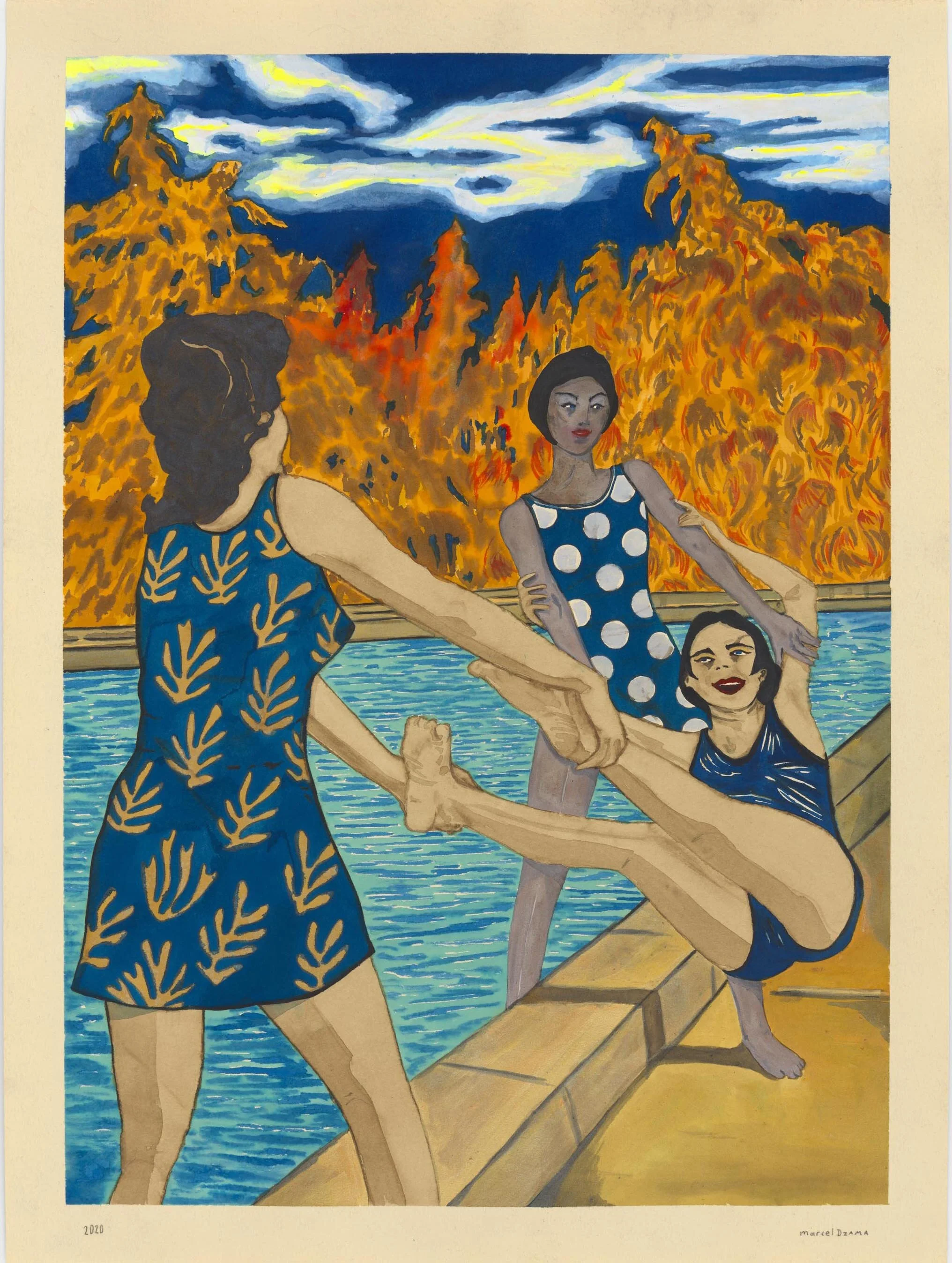 Marcel Dzama, She raised her arms against it all, so the sisters let her go, 2020, ink, watercolor, and graphite on paper,75,6 x 55,9 cm