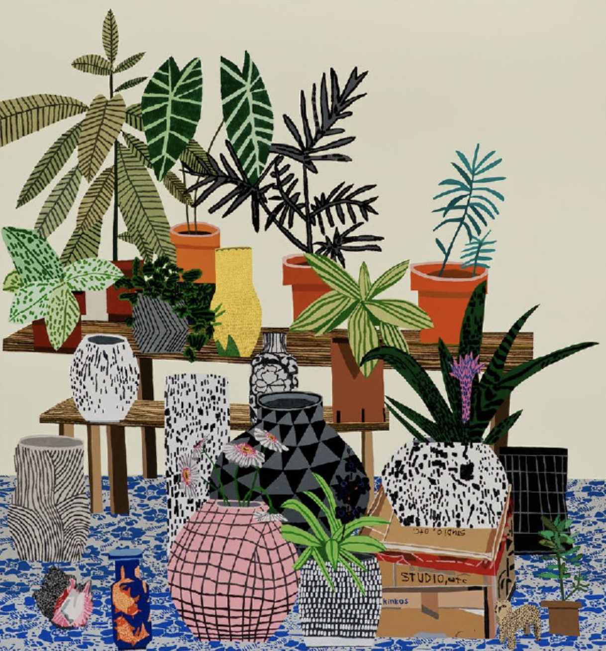 Jonas Wood, Two Tables with Floral Patterns, oil and acrylic on canvas, 254 x 236,2 cm, 2013