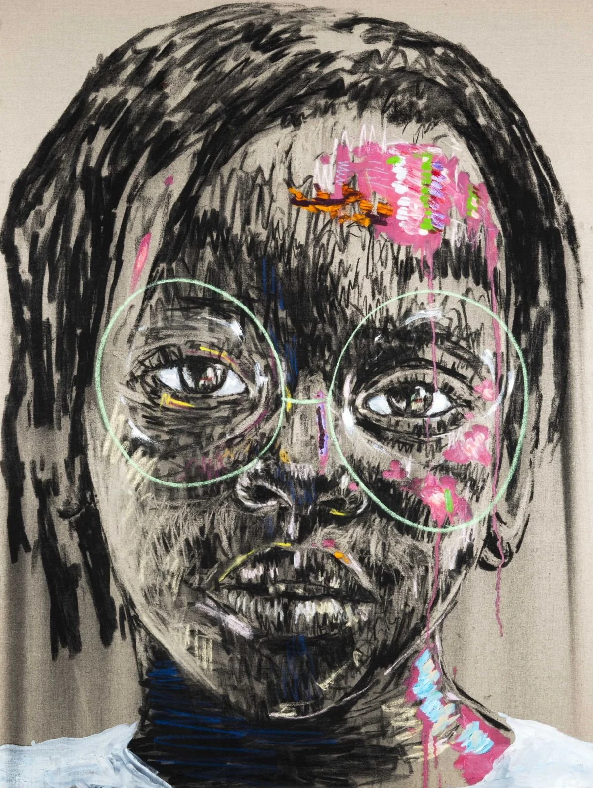 Nelson Makamo, We are Angels with Dirty Faces Charcoal, pastel and oil painting on Belgian Linen canvas 160 x 120 cm, 2019