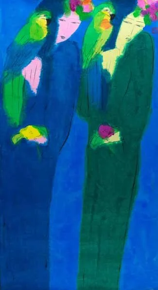 Walasse Ting, Two Green Parrots and Two Ladies, acrylic on rice paper, 178 x 97cm, pre 2000