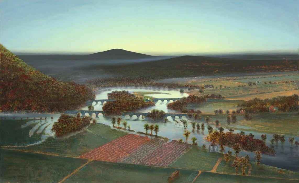 Stephen Hannock, Flooded Oxbow with Green Light, for Betty and Agnes Mongan (Mass MoCA #265), oil on canvas, 111,76 x 182,88 cm,  2017