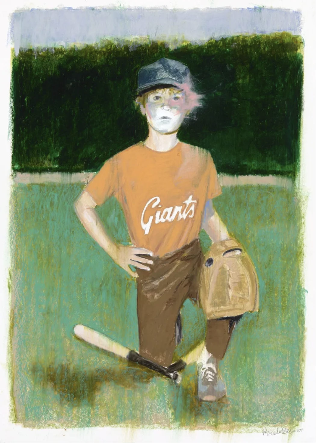 Mercedes Helnwein, Baseball Kid, oil pastel on paper, 30 x 22 inches, 2018