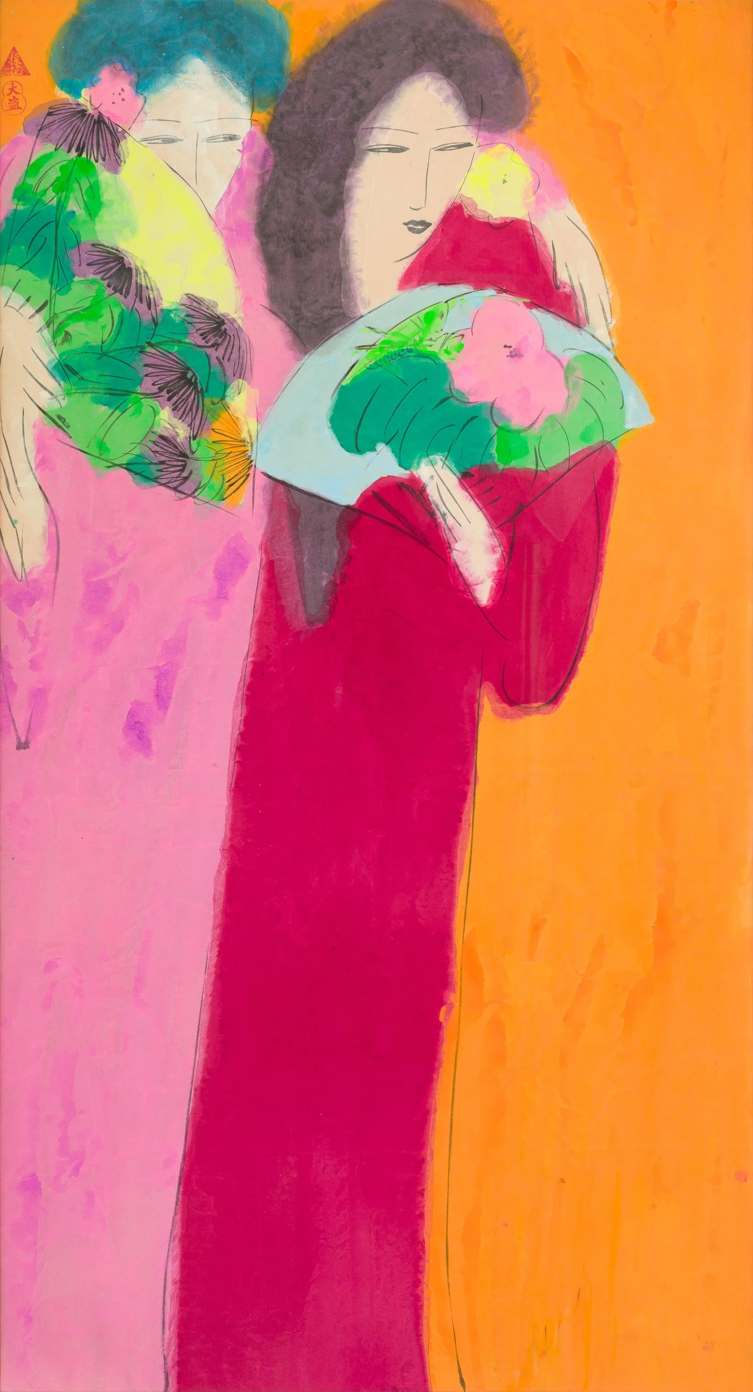 Walasse Ting, Two Women With Fans, chinese ink and acrylic on rice paper, stretched on canvas, 180.3 × 97.2 cm, ca 1980.jpg