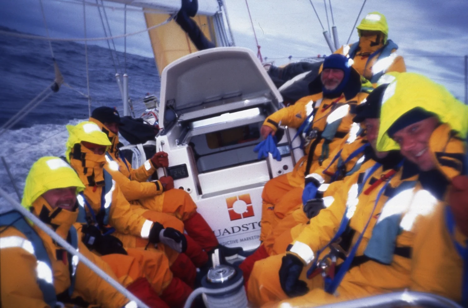 Caspar's crew in foul-weather gear on the BT Global Challenge