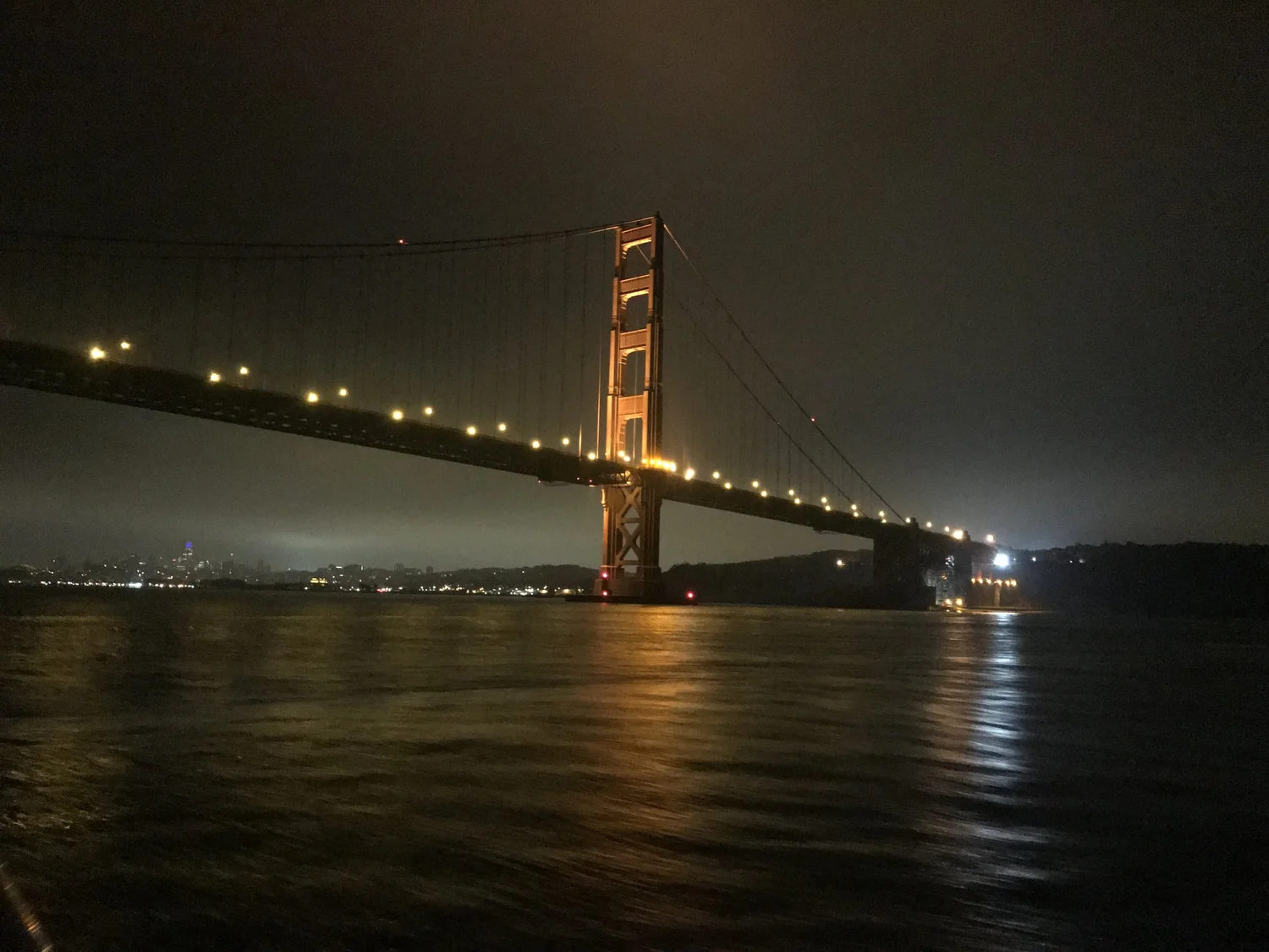Sailing under the Golden Gate Bridge at night