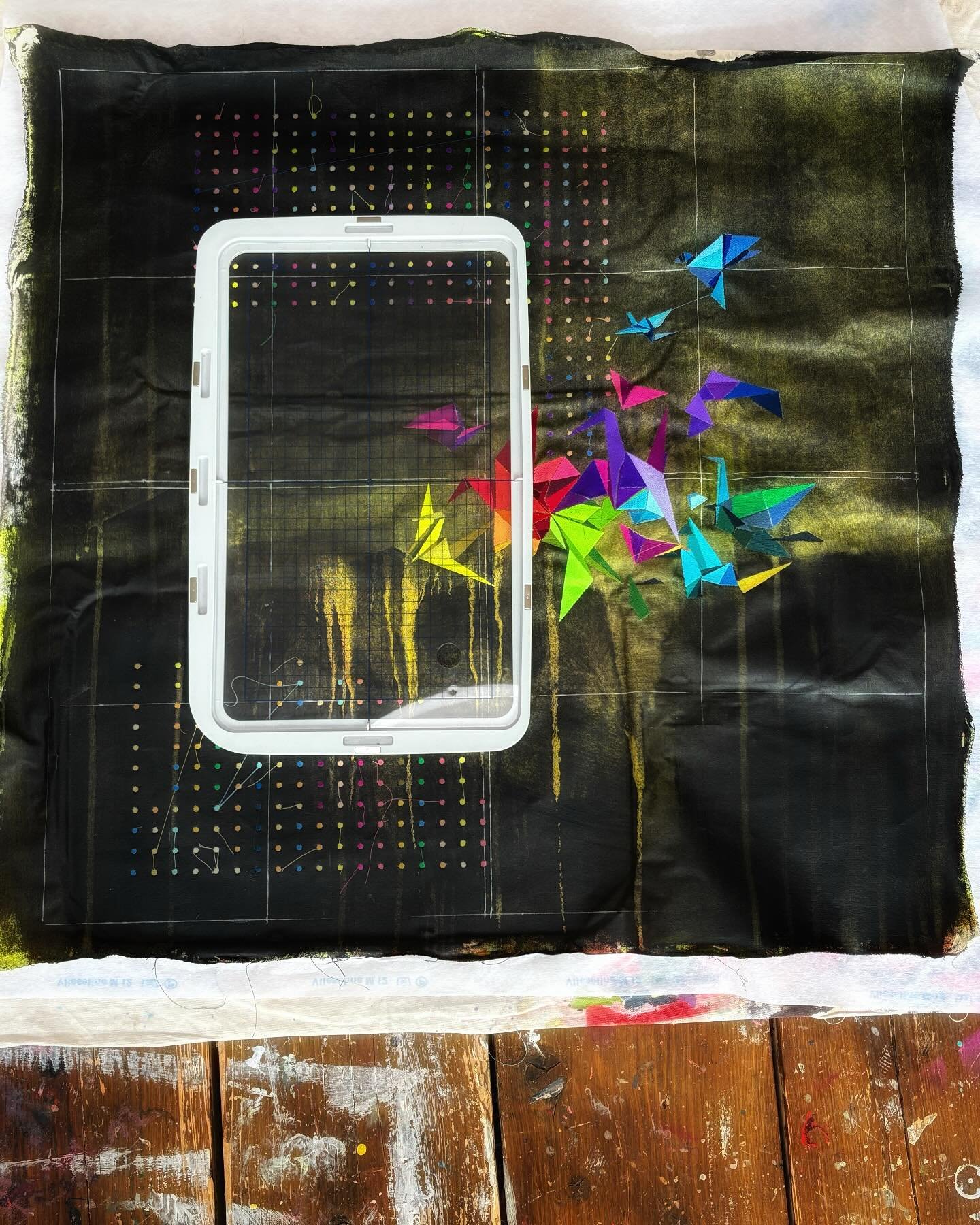 Nailing it so far🤘

.

.

.

.

.
#studiofloor #studioflow #artstudio #textileart #artdaily #artcontemporain #artofinstagram #contemporaryart #origamiart #embroideryart #blackcanvas #colours #abstractart #artlover #artcollectors #stitchedart #keepsh