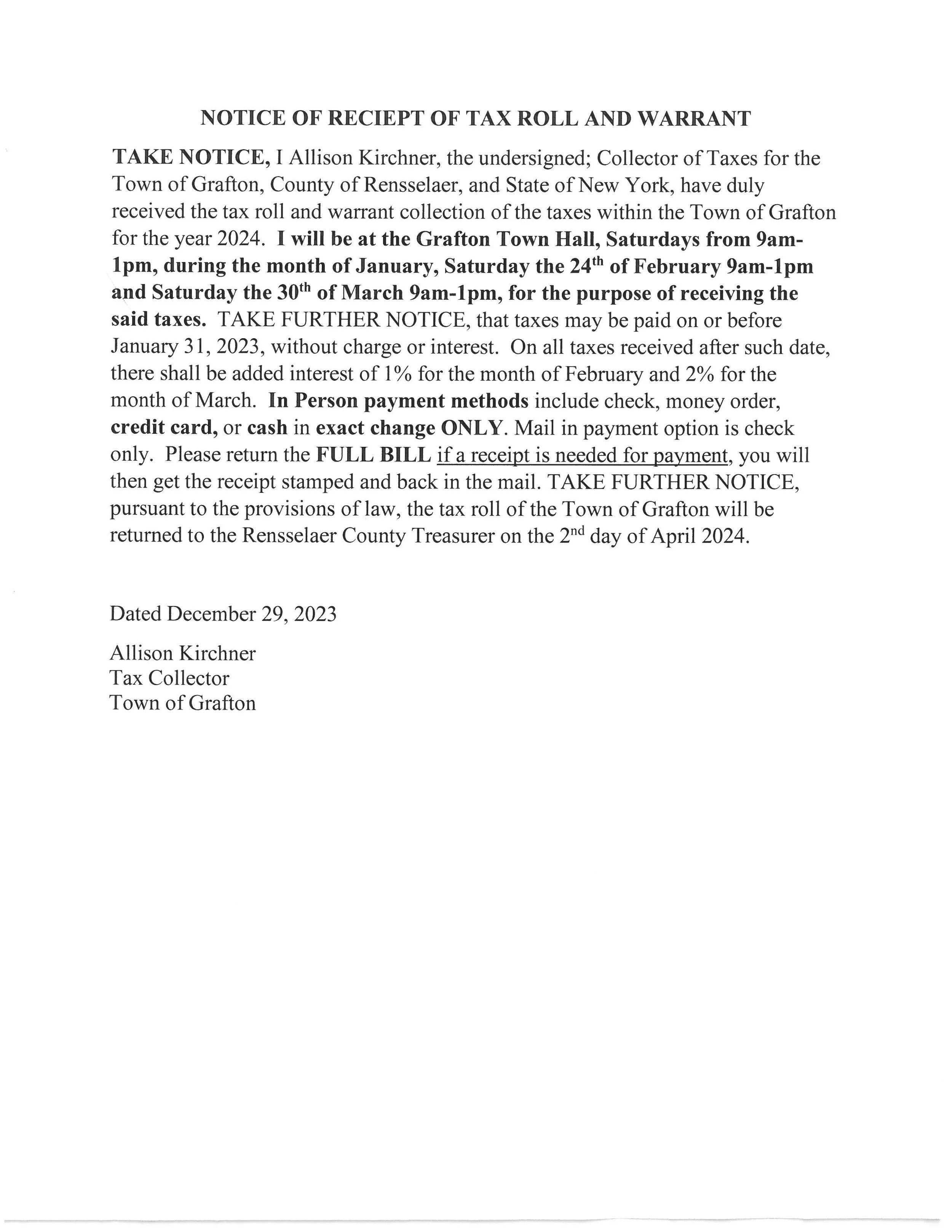 Tax Collector — Town of Grafton, NY