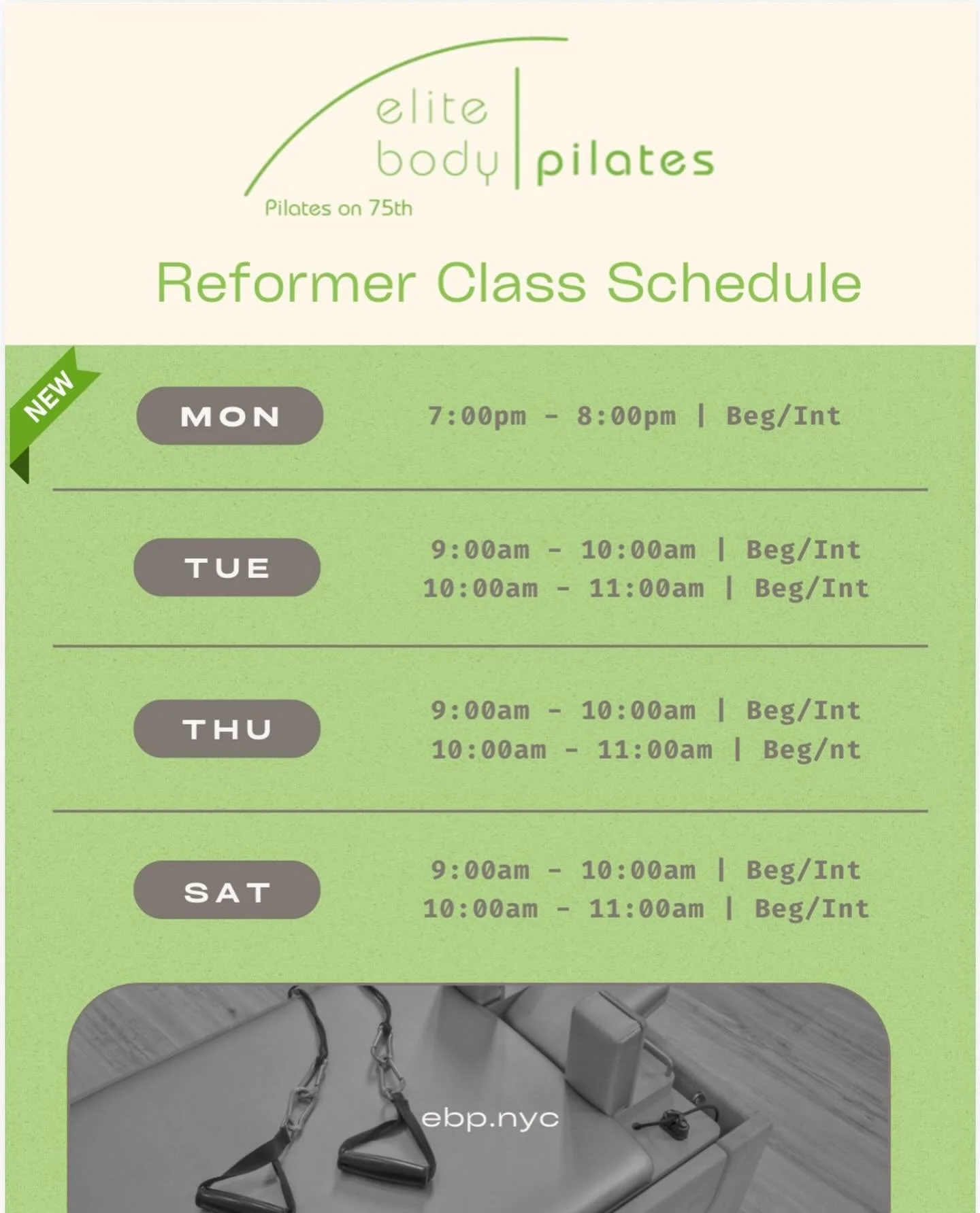 New Class Alert! 
Start your week strong with our Monday night Group Pilates led by the amazing Jessie Hernandez! 
⠀⠀
Mondays at 7PM starting October 20th at Elite Body Pilates on 75th Street 
⠀⠀
Jessie brings the energy, the flow, and the vibes &mda