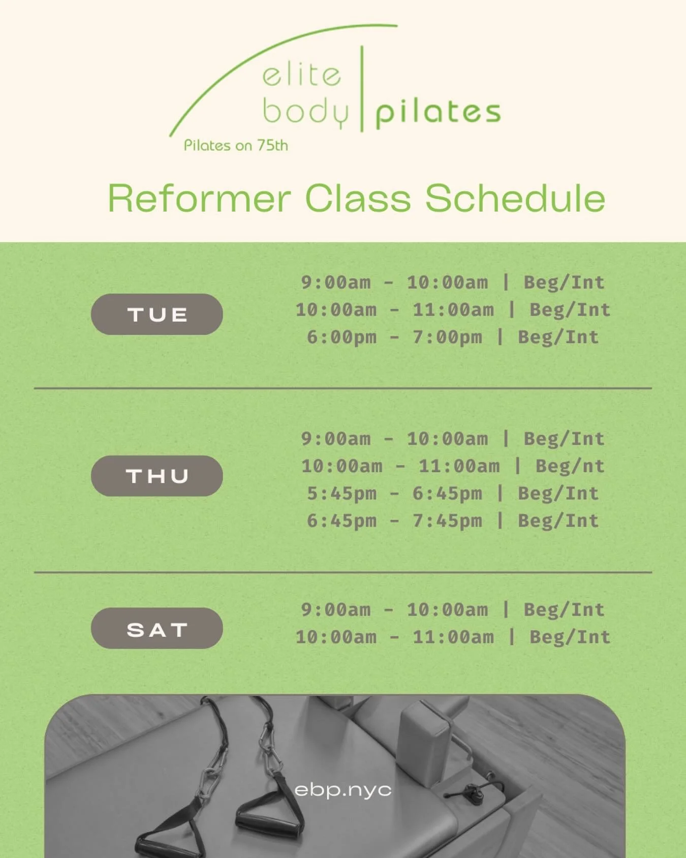 Elite Body Pilates | Pilates on 75th
Reformer Class Schedule 🌟 
Semi private small group classes
Limited to 3 people
&bull;
&bull;
&bull;
Join today!

#ebp #elitebodypilates #pilates #nyc #newyorkcity #reformerpilates #reformer #spring
