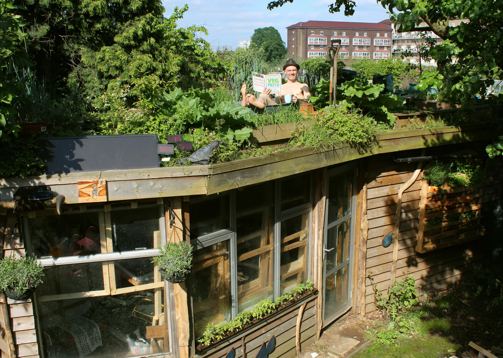 Joel Bird - Featured Artist for The Architect’s Shed, sitting atop his own winning ‘Allotment Roof Shed’ in a tin bath drinking tea!