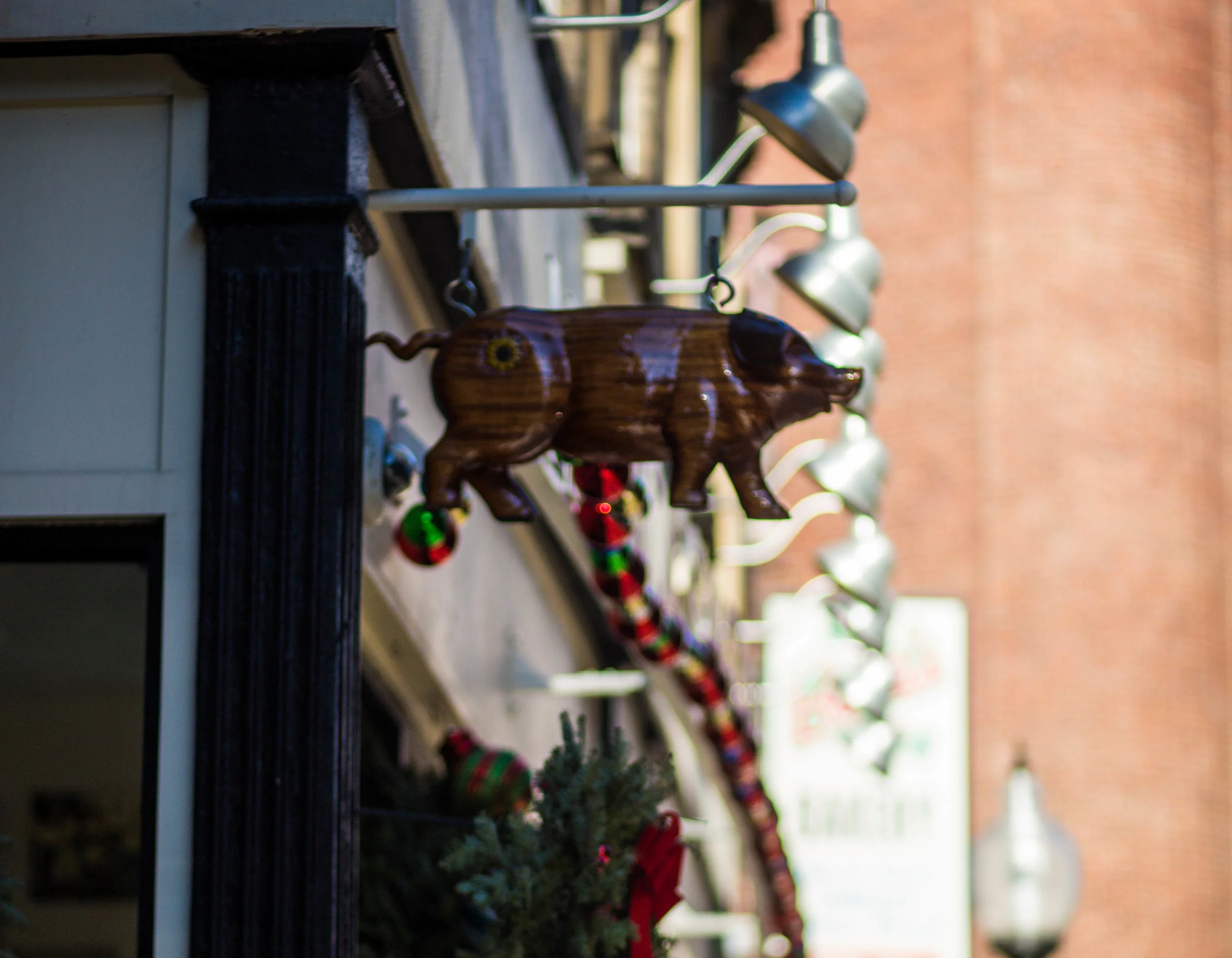  This Hickory Hog hangs outside of Monica's Mercato at 130 Salem Street in the North End.&nbsp; 