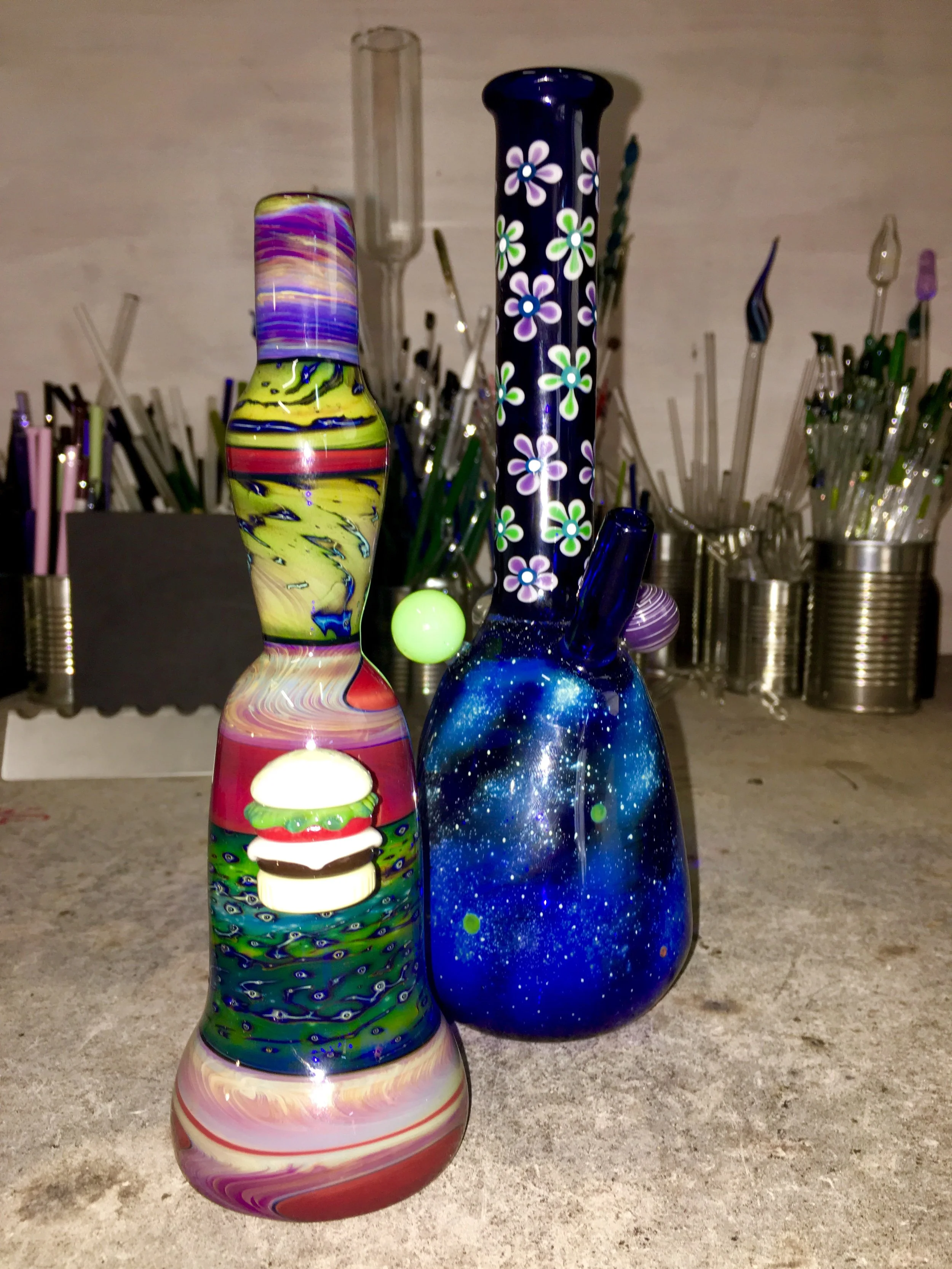 The pipe with the flowers is hand-made, took 30 hours to make, and is Duyette's most proud work!