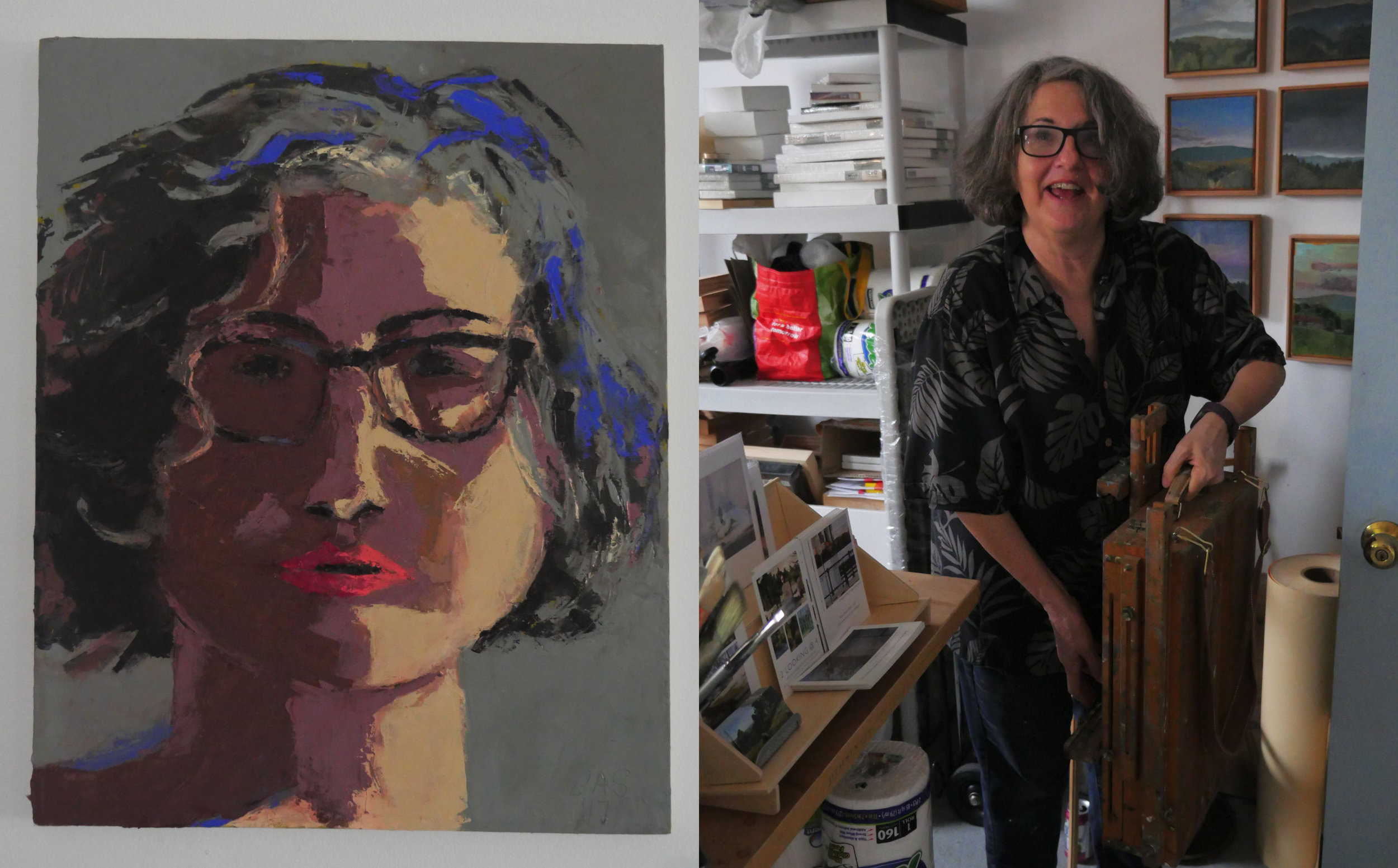 Left, Carol's self-portrait. Right, Carol pulling out her 19th-century wooden easel which she frequently uses outdoors.
