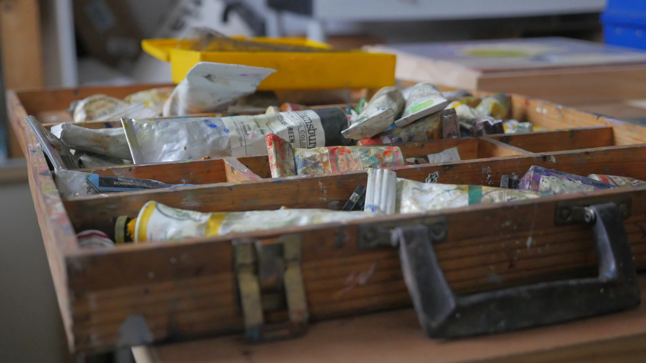  One of Carol's many containers of oil paints, tools and materials. 