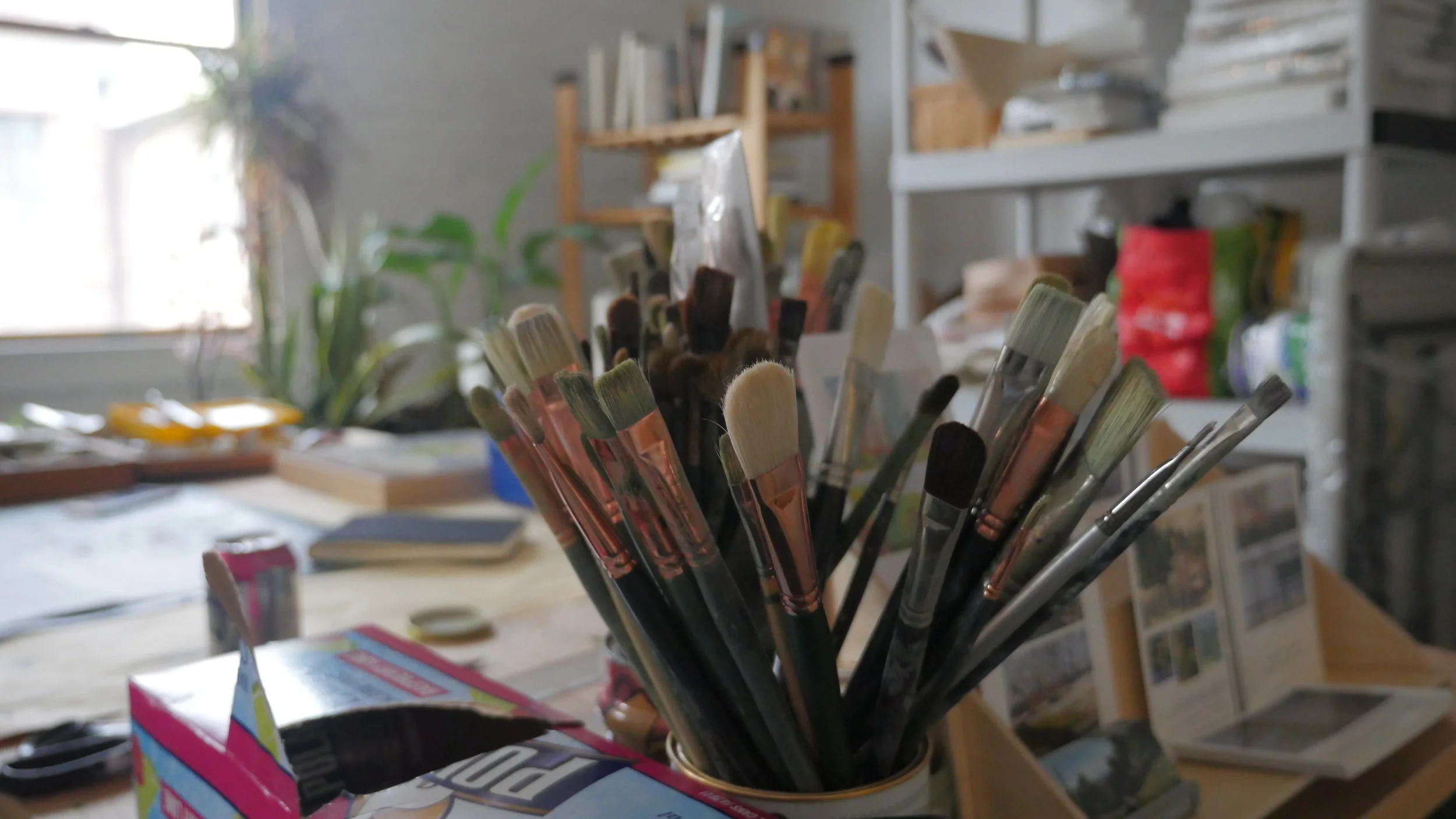  Carol's brushes, her studio space visible in the background. 