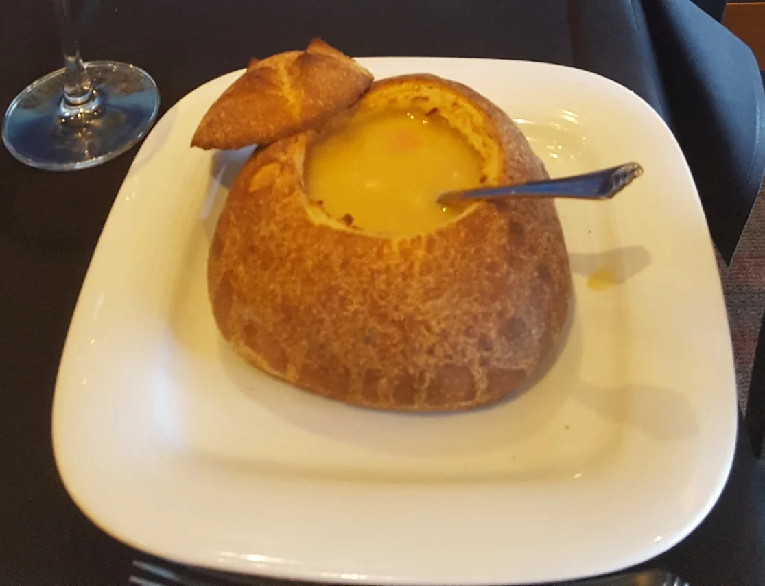 Seafood showder on bread bowl $11.95