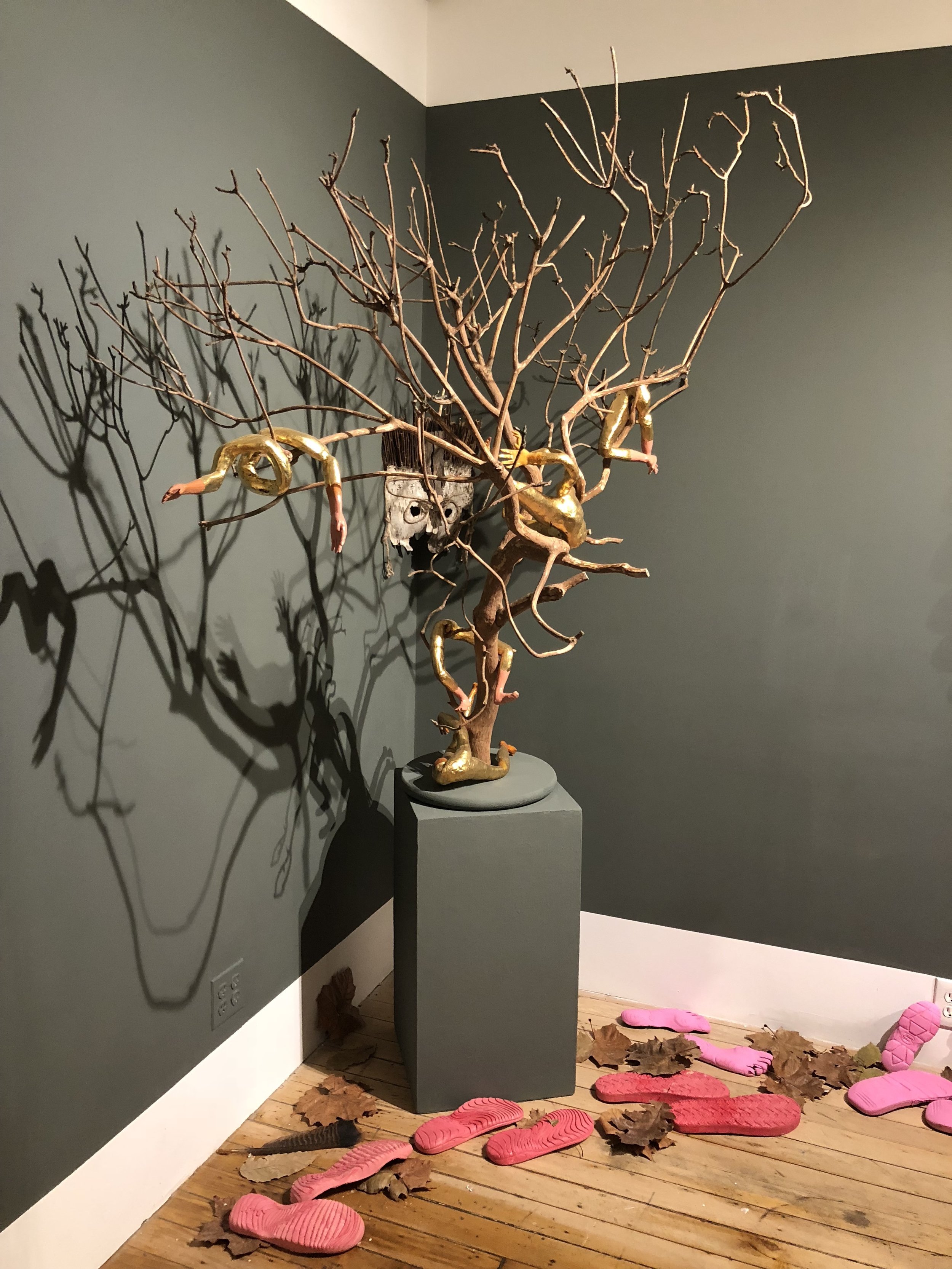  WITH OR WITHOUT WOMEN, Installation view Carter Burden, West Gallery. Corner tree, gold ‘limbs’ pink souls 