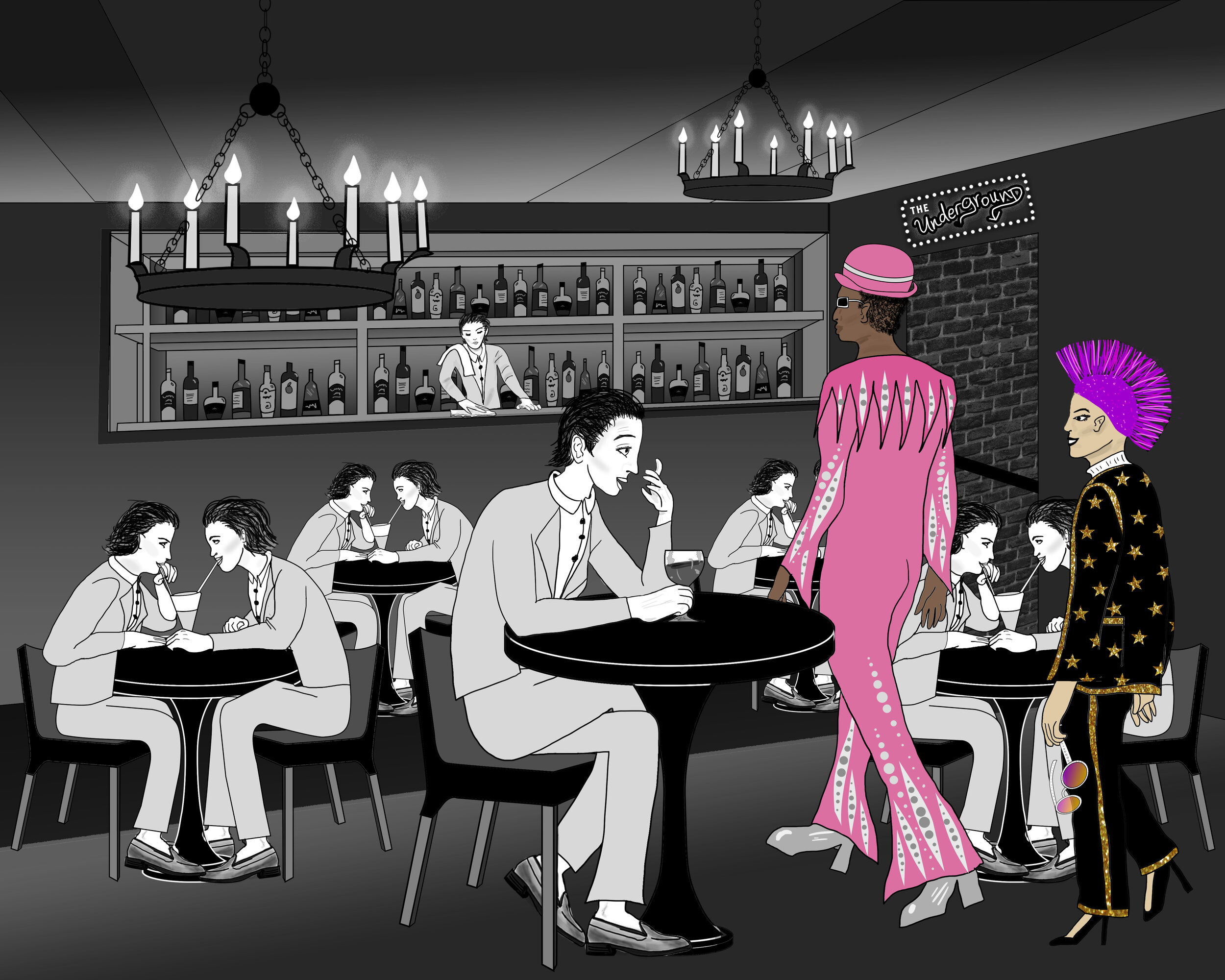 Suddenly, two people in outrageously flamboyant outfits pass her by. They’re wearing classic Elton outfits from the seventies. In comparison to the drab uniformity everywhere else, Bennie is intrigued.